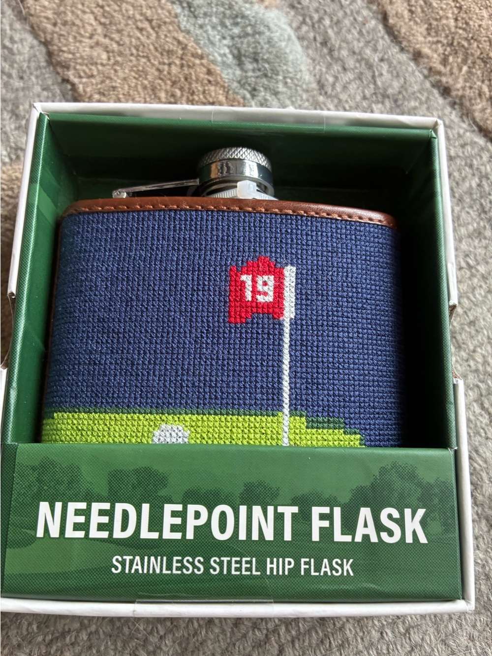 Needlepoint Golf Flag Navy and Brown Stainless Steel Hip Flask